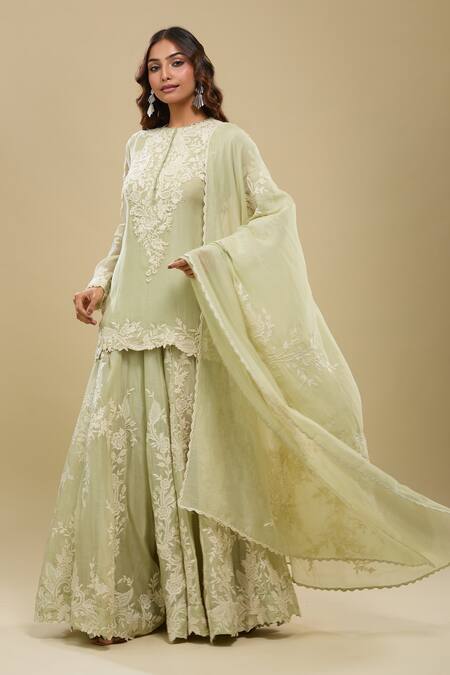 Anamika Khanna Mint Embroidery Round Neck Green Kurta Sharara Set Online at Aza Fashions Anamika Khanna_Mint Embroidery Round Neck Green Kurta Sharara Set_Online_at_Aza_Fashions