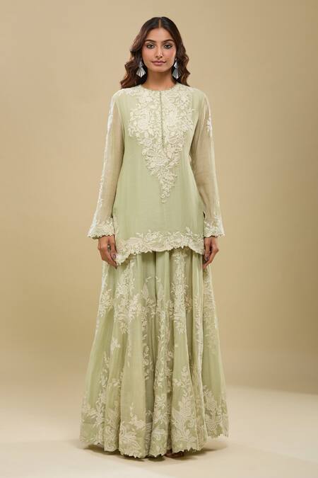 Buy Anamika Khanna Mint Embroidery Round Neck Green Kurta Sharara Set Online at Aza Fashions Buy_Anamika Khanna_Mint Embroidery Round Neck Green Kurta Sharara Set_Online_at_Aza_Fashions