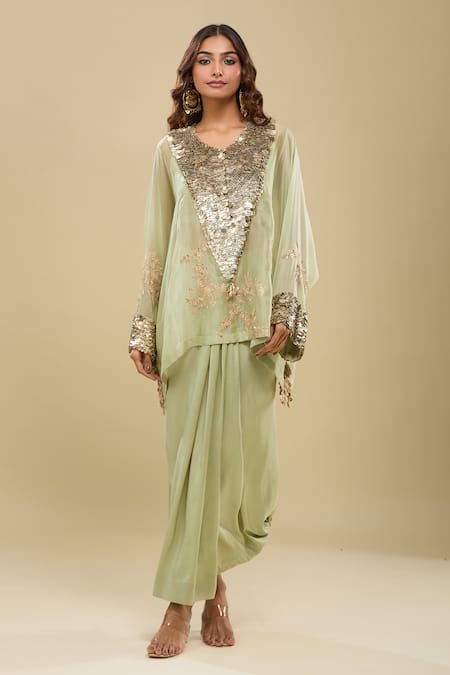 Anamika Khanna Jade Green Boxy Tunic & Draped Skirt Set 