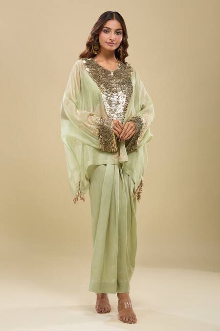 Buy_Anamika Khanna_Green Sequins, Embroidery V-, Round Jade Boxy Tunic And Draped Skirt Set_Online_at_Aza_Fashions