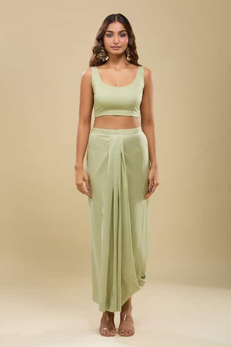 Shop_Anamika Khanna_Green Sequins, Embroidery V-, Round Jade Boxy Tunic And Draped Skirt Set_Online_at_Aza_Fashions