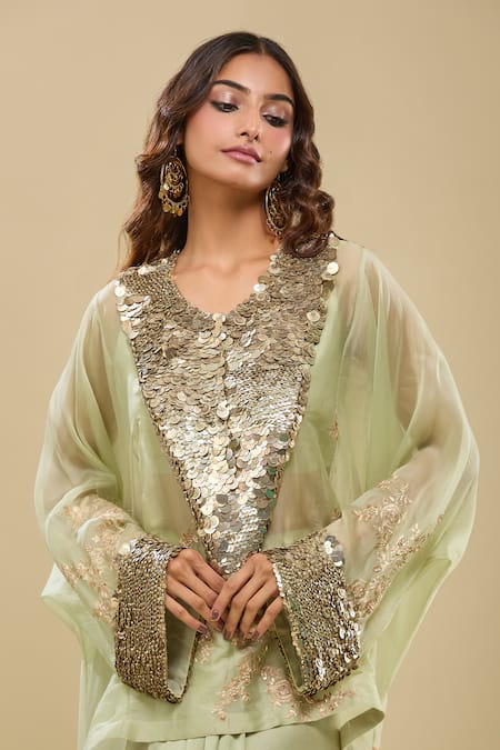 Anamika Khanna_Green Sequins, Embroidery V-, Round Jade Boxy Tunic And Draped Skirt Set_at_Aza_Fashions