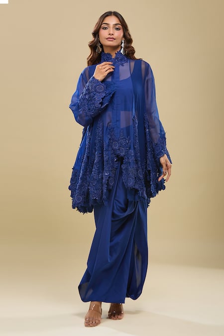 Anamika Khanna Indigo Blue Bubble Tunic & Draped Skirt Set 