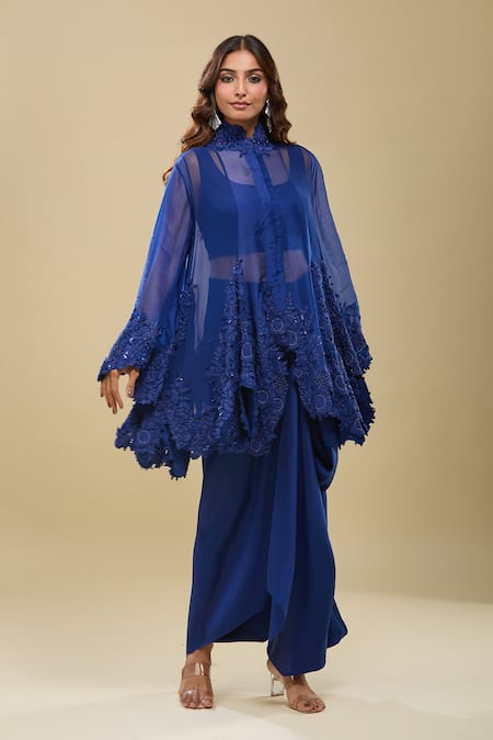 Anamika Khanna_Blue Embroidery High , Round Indigo Bubble Tunic And Draped Skirt Set_Online_at_Aza_Fashions