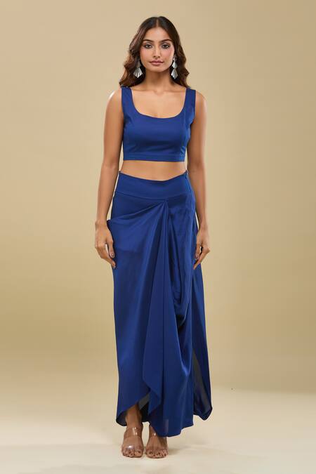 Buy_Anamika Khanna_Blue Embroidery High , Round Indigo Bubble Tunic And Draped Skirt Set_Online_at_Aza_Fashions