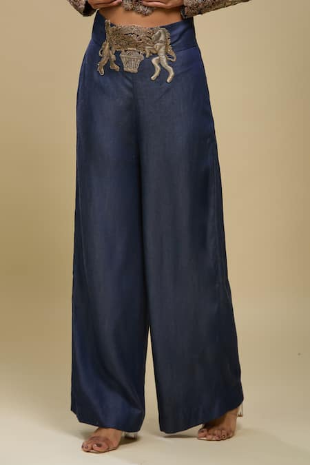 Anamika Khanna_Blue Embroidery V-neck Jacket And Flared Pant Set _Online_at_Aza_Fashions