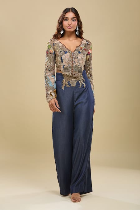 Buy_Anamika Khanna_Blue Embroidery V-neck Jacket And Flared Pant Set _Online_at_Aza_Fashions