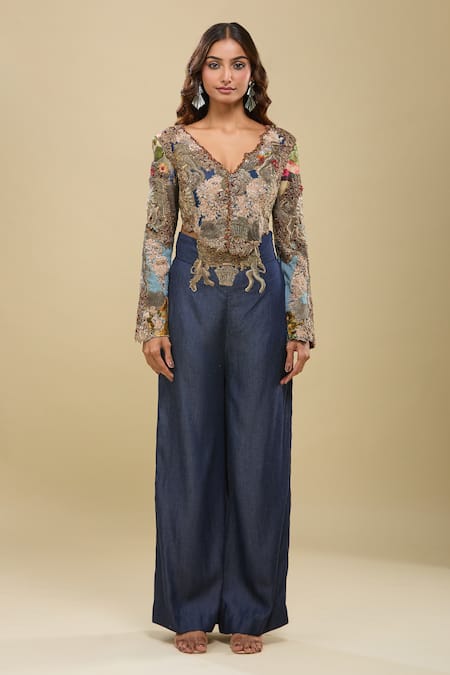 Shop_Anamika Khanna_Blue Embroidery V-neck Jacket And Flared Pant Set _Online_at_Aza_Fashions