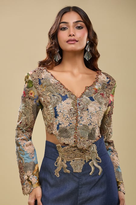 Anamika Khanna_Blue Embroidery V-neck Jacket And Flared Pant Set _at_Aza_Fashions