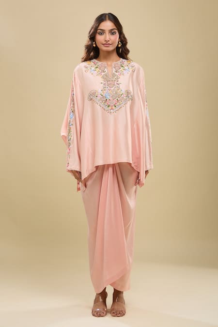 Anamika Khanna Pink Embroidery Round Neck Tunic And Draped Skirt Set Online at Aza Fashions Anamika Khanna_Pink Embroidery Round Neck Tunic And Draped Skirt Set _Online_at_Aza_Fashions