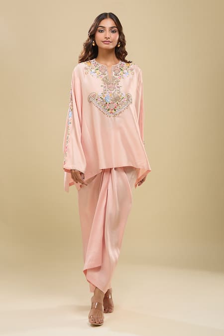 Buy Anamika Khanna Pink Embroidery Round Neck Tunic And Draped Skirt Set Online at Aza Fashions Buy_Anamika Khanna_Pink Embroidery Round Neck Tunic And Draped Skirt Set _Online_at_Aza_Fashions