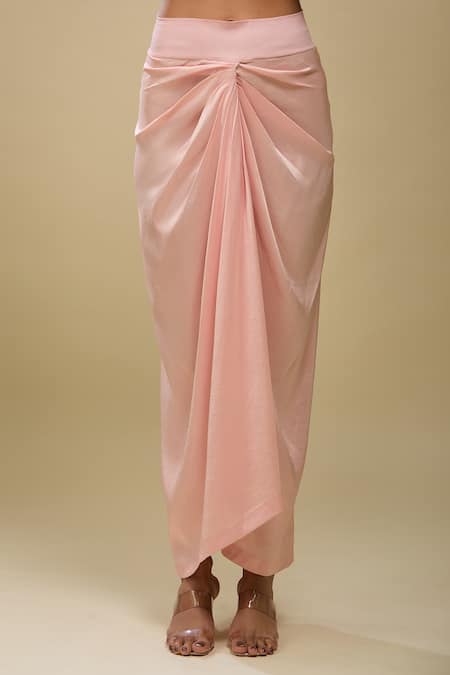 Shop Anamika Khanna Pink Embroidery Round Neck Tunic And Draped Skirt Set Online at Aza Fashions Shop_Anamika Khanna_Pink Embroidery Round Neck Tunic And Draped Skirt Set _Online_at_Aza_Fashions