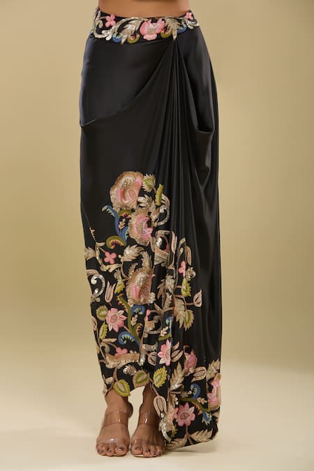 Anamika Khanna_Black Embroidery Asymmetric Floral Cape And Draped Skirt Set_Online_at_Aza_Fashions