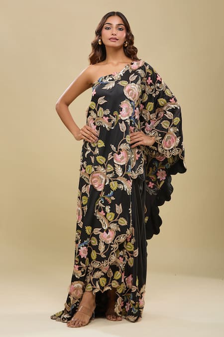 Anamika Khanna Floral Embroidered Black Cape & Draped Skirt Set 
