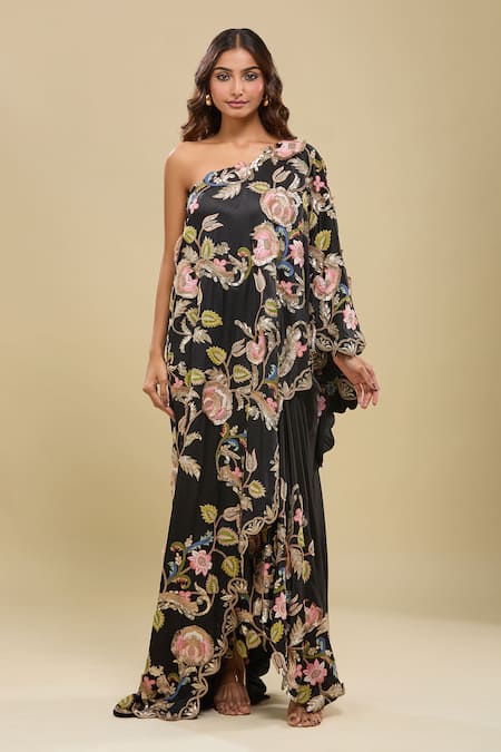 Buy_Anamika Khanna_Black Embroidery Asymmetric Floral Cape And Draped Skirt Set_Online_at_Aza_Fashions