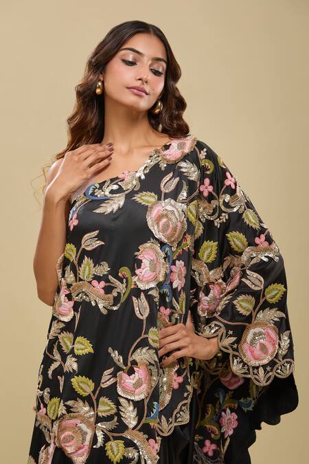 Shop_Anamika Khanna_Black Embroidery Asymmetric Floral Cape And Draped Skirt Set_Online_at_Aza_Fashions
