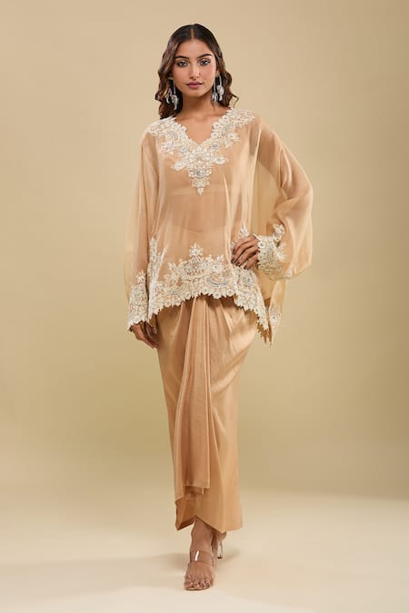 Anamika Khanna Beige Embroidered Tunic with Draped Skirt 