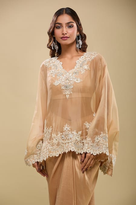 Buy Anamika Khanna Beige Embroidery V-, Round Tunic With Draped Skirt Online at Aza Fashions Buy_Anamika Khanna_Beige Embroidery V-, Round Tunic With Draped Skirt _Online_at_Aza_Fashions