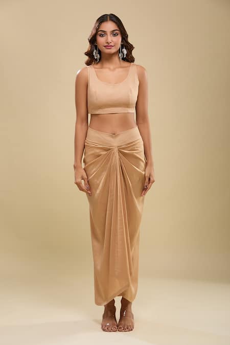 Shop Anamika Khanna Beige Embroidery V-, Round Tunic With Draped Skirt Online at Aza Fashions Shop_Anamika Khanna_Beige Embroidery V-, Round Tunic With Draped Skirt _Online_at_Aza_Fashions