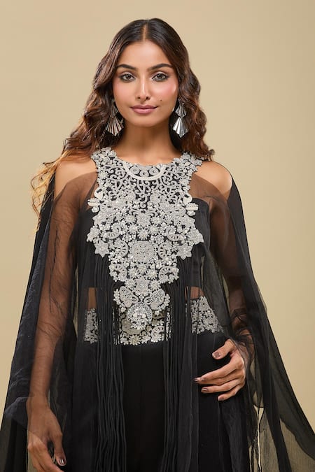 Buy_Anamika Khanna_Black Sequins, Embroidery Round , Square Cape And Pant Set _Online_at_Aza_Fashions