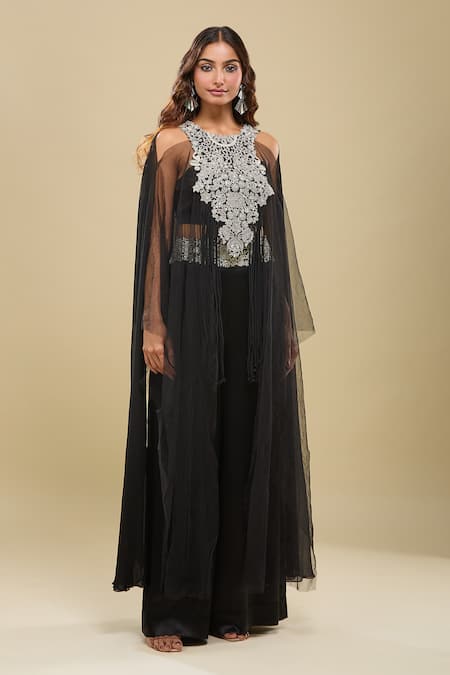Anamika Khanna_Black Sequins, Embroidery Round , Square Cape And Pant Set _at_Aza_Fashions