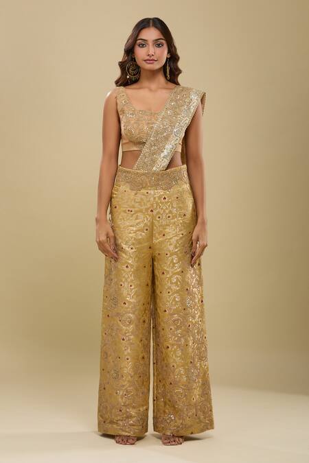 Buy_Anamika Khanna_Gold Sequins, Embroidery V-, Square Jacket And Draped Saree Pant Set_Online_at_Aza_Fashions
