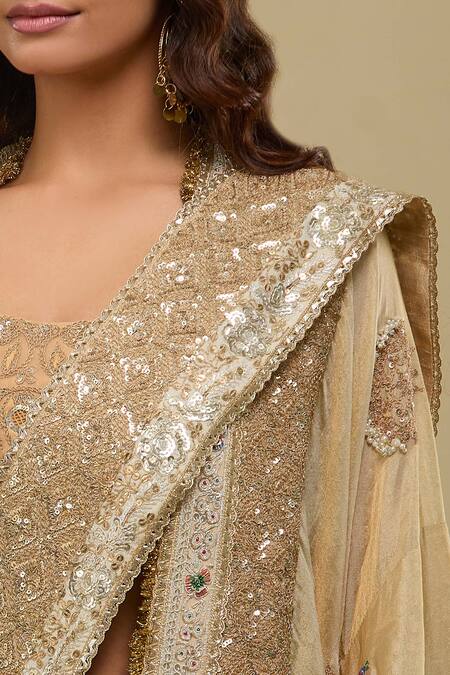 Shop_Anamika Khanna_Gold Sequins, Embroidery V-, Square Jacket And Draped Saree Pant Set_Online_at_Aza_Fashions