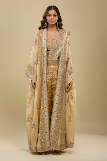 Anamika Khanna_Gold Sequins, Embroidery V-, Square Jacket And Draped Saree Pant Set_at_Aza_Fashions