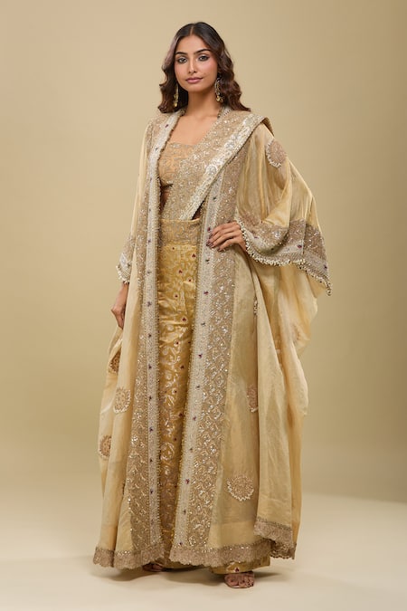 Anamika Khanna Embroidered Gold Jacket & Draped Saree Pant Set 