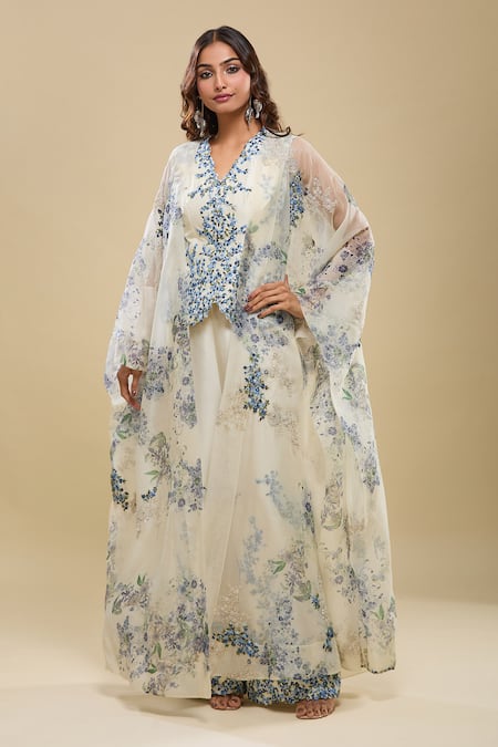 Anamika Khanna Ivory Embroidered Jacket Top & Pant Set 