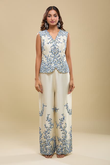 Anamika Khanna Ivory Embroidery V-neck Jacket Top And Pant Set Online at Aza Fashions Anamika Khanna_Ivory Embroidery V-neck Jacket Top And Pant Set_Online_at_Aza_Fashions