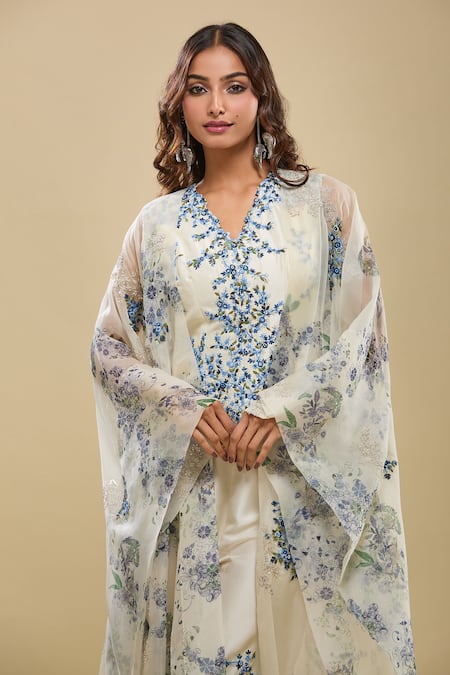 Shop Anamika Khanna Ivory Embroidery V-neck Jacket Top And Pant Set Online at Aza Fashions Shop_Anamika Khanna_Ivory Embroidery V-neck Jacket Top And Pant Set_Online_at_Aza_Fashions
