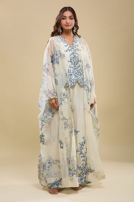 Anamika Khanna Ivory Embroidery V-neck Jacket Top And Pant Set at Aza Fashions Anamika Khanna_Ivory Embroidery V-neck Jacket Top And Pant Set_at_Aza_Fashions