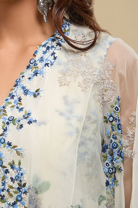 Shop Anamika Khanna Ivory Embroidery V-neck Jacket Top And Pant Set Shop_Anamika Khanna_Ivory Embroidery V-neck Jacket Top And Pant Set