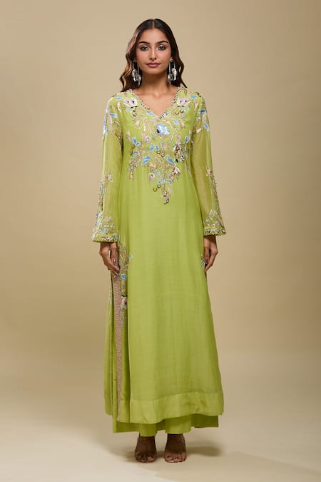 Anamika Khanna_Lime Sequins, Embroidery V-neck Green Kurta And Palazzo Set _Online_at_Aza_Fashions