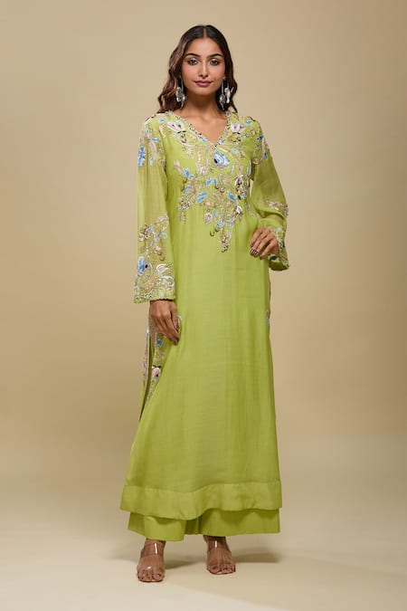 Anamika Khanna Lime Green Embroidered Kurta & Palazzo Set 