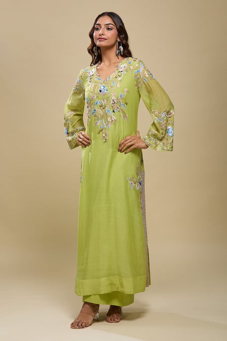 Buy_Anamika Khanna_Lime Sequins, Embroidery V-neck Green Kurta And Palazzo Set _Online_at_Aza_Fashions
