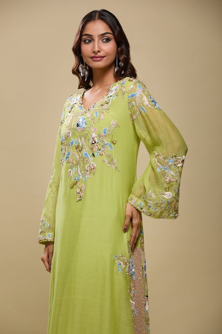 Shop_Anamika Khanna_Lime Sequins, Embroidery V-neck Green Kurta And Palazzo Set _Online_at_Aza_Fashions