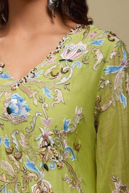 Buy_Anamika Khanna_Lime Sequins, Embroidery V-neck Green Kurta And Palazzo Set 