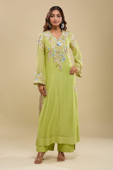 Anamika Khanna Lime Embroidery V-neck Green Kurta And Palazzo Set Online at Aza Fashions Anamika Khanna_Lime Embroidery V-neck Green Kurta And Palazzo Set _Online_at_Aza_Fashions