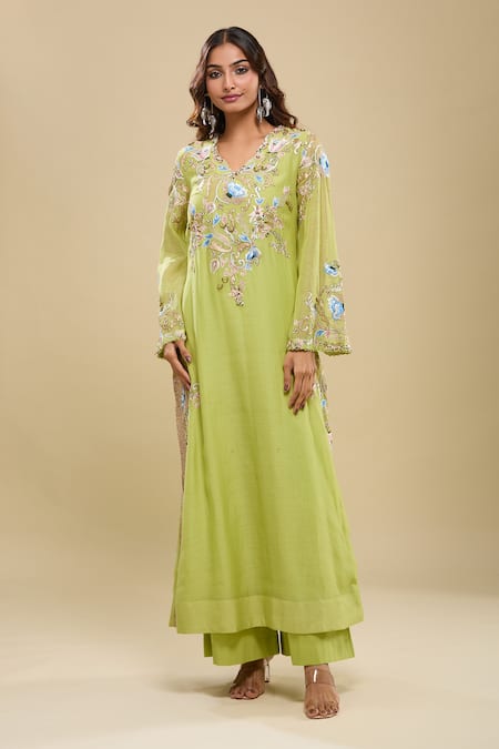Anamika Khanna Lime Green Embroidered Kurta & Palazzo Set 