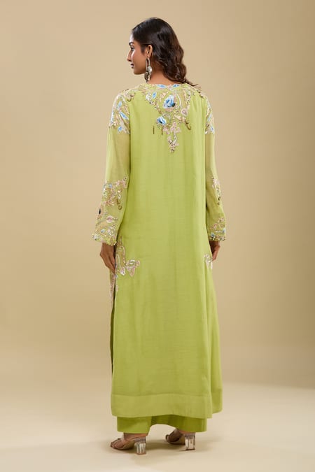 Anamika Khanna Lime Green Embroidered Kurta & Palazzo Set 
