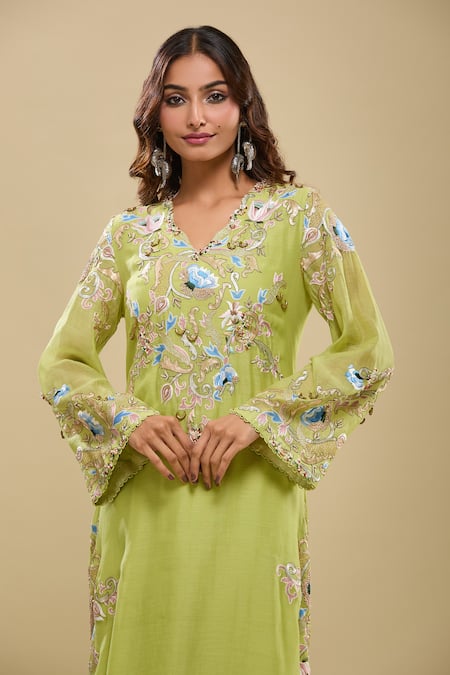 Buy Anamika Khanna Lime Embroidery V-neck Green Kurta And Palazzo Set Buy_Anamika Khanna_Lime Embroidery V-neck Green Kurta And Palazzo Set