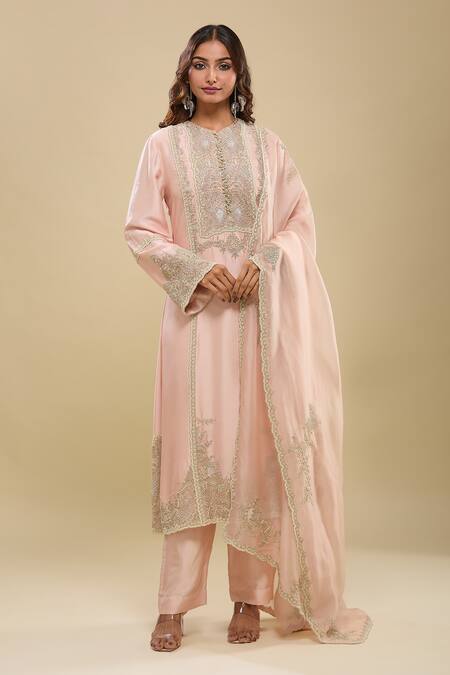 Buy_Anamika Khanna_Pink Embroidery Round Neck Kurta Pant Dupatta Set_Online_at_Aza_Fashions