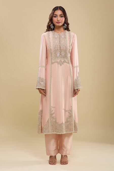 Shop_Anamika Khanna_Pink Embroidery Round Neck Kurta Pant Dupatta Set_Online_at_Aza_Fashions