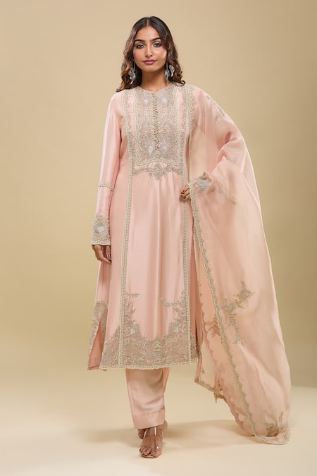 Anamika Khanna Embroidered Pink Kurta Pant Dupatta Set 