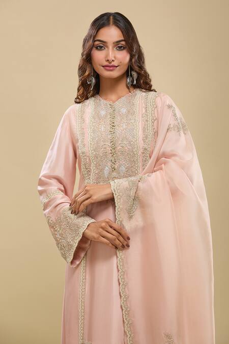 Anamika Khanna_Pink Embroidery Round Neck Kurta Pant Dupatta Set_at_Aza_Fashions