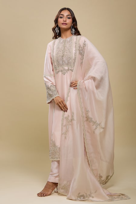 Anamika Khanna Embroidered Pink Kurta Pant Dupatta Set 