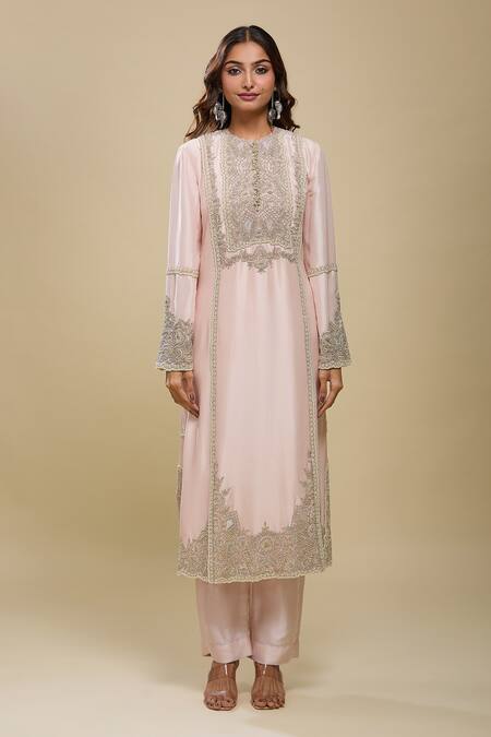 Buy_Anamika Khanna_Pink Embroidery Round Neck Kurta Pant Dupatta Set _Online_at_Aza_Fashions
