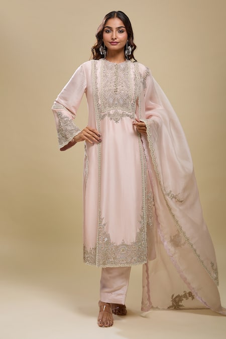 Shop_Anamika Khanna_Pink Embroidery Round Neck Kurta Pant Dupatta Set _Online_at_Aza_Fashions